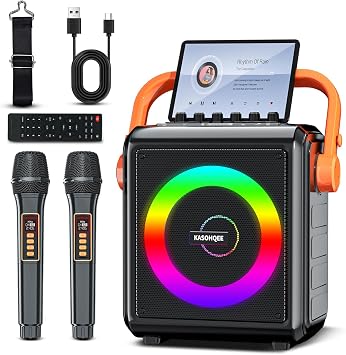 Karaoke Machine for Adults with 2 Wireless Microphones, Portable Bass/Treble Bluetooth Speaker with PA System, Remote Control LED Lights, Support TF Card/USB, AUX in, FM, REC