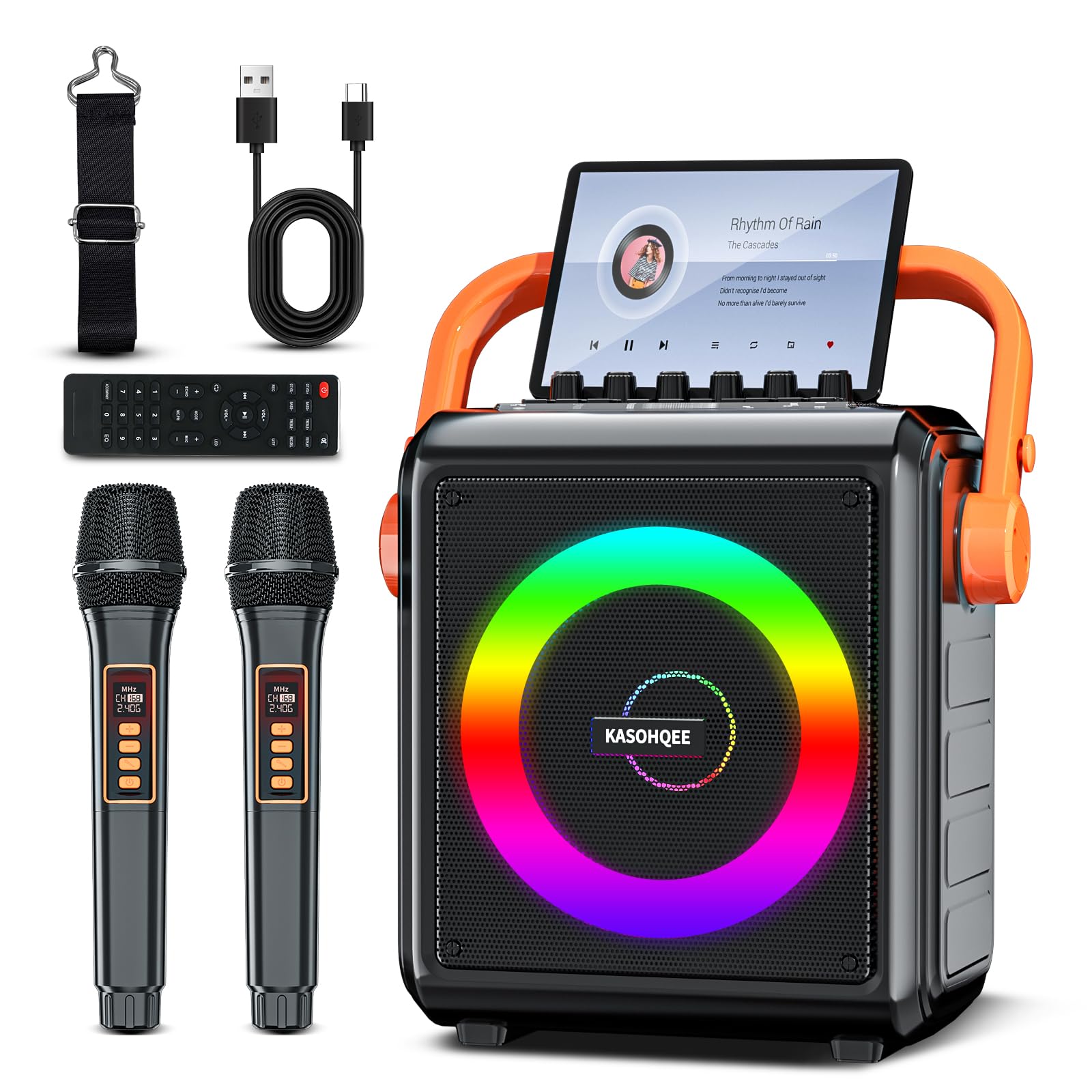 Altoparlante Bluetooth portatile da 8000 mAh con 2 microfoni wireless per adulti e bambini, set di altoparlanti con microfono, con luci, supporto per scheda TF, ingresso AUX, FM, REC, per feste
