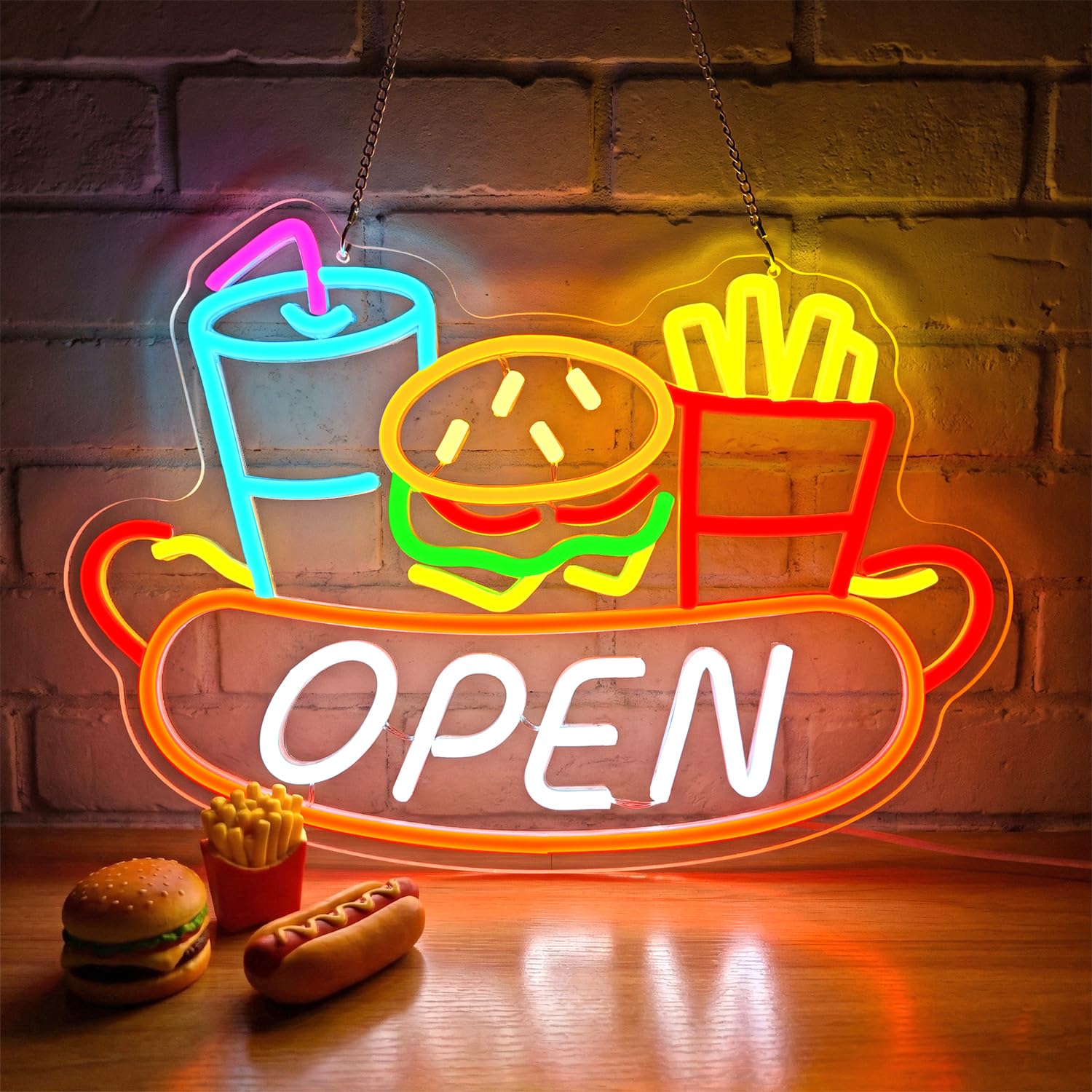 Lxmoneon OPEN Neon Sign, Fast Food Neon Sign, Burger Neon Signs for Wall Decor, Fries Drink Neon Light, Hot Dog Neon Wall Sign, Led Open Sign for Restaurant, Cafe, Takeaway, Bar, Kitchen, Party — image 1