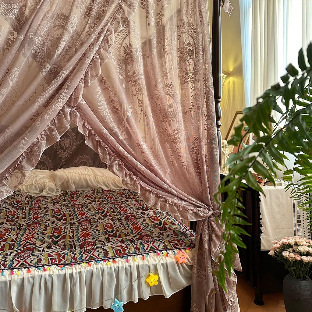 Elegante Spitze Prinzessin 4 Eckpfosten Moskitonetz Romantisch für Mädchen Frauen Bettvorhang Baldachin für Erwachsene Hochzeit Schlafzimmer Kinderzimmer Dekoration (Kaffee-2, Queen)