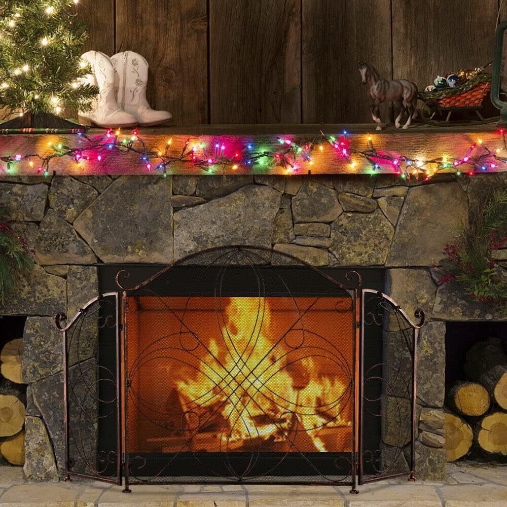 Fireplace Screens Two-Fold Iron Fireplace Screen with Corners Retro Old Pattern Grill Living Room Fireplace Screen Flat Fireplace Screens Decorative Feito na China