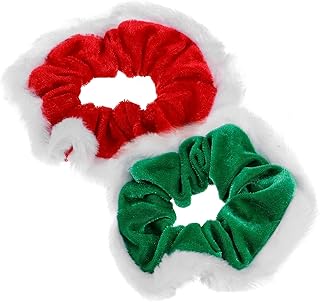 KESYOO 女性用ベルベットクリスマスヘアタイ2PCS 赤緑ふわふわ縁 高伸縮滑り止めシュシュ パーティー誕生日プレゼント用