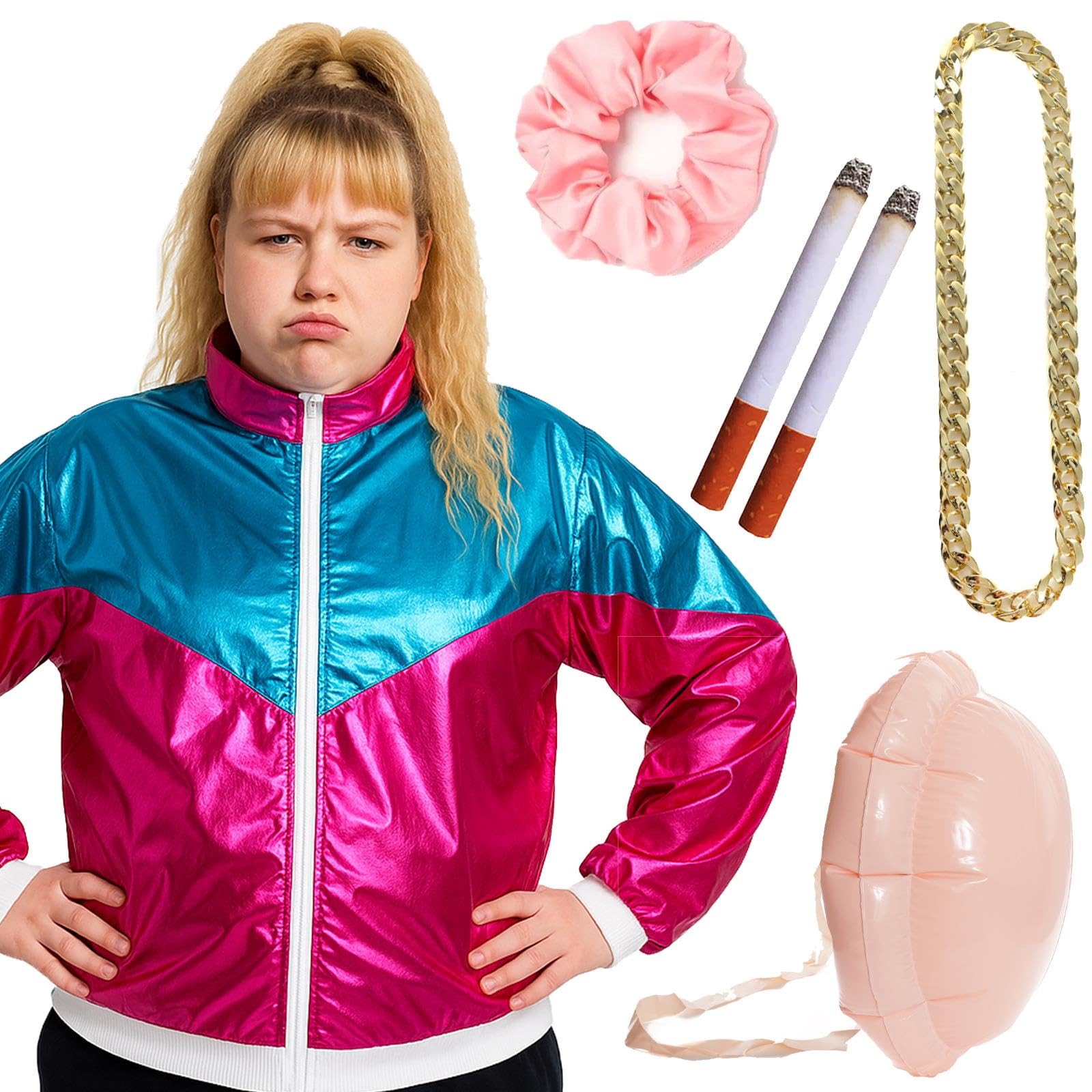 90s Chav-Inspired Funny Costume Set – Pink Shellsuit Jacket, Inflatable Belly, Scrunchie, Fake Cigarettes & Gold Chain Novelty Fancy Dress Outfit Halloween Cosplay