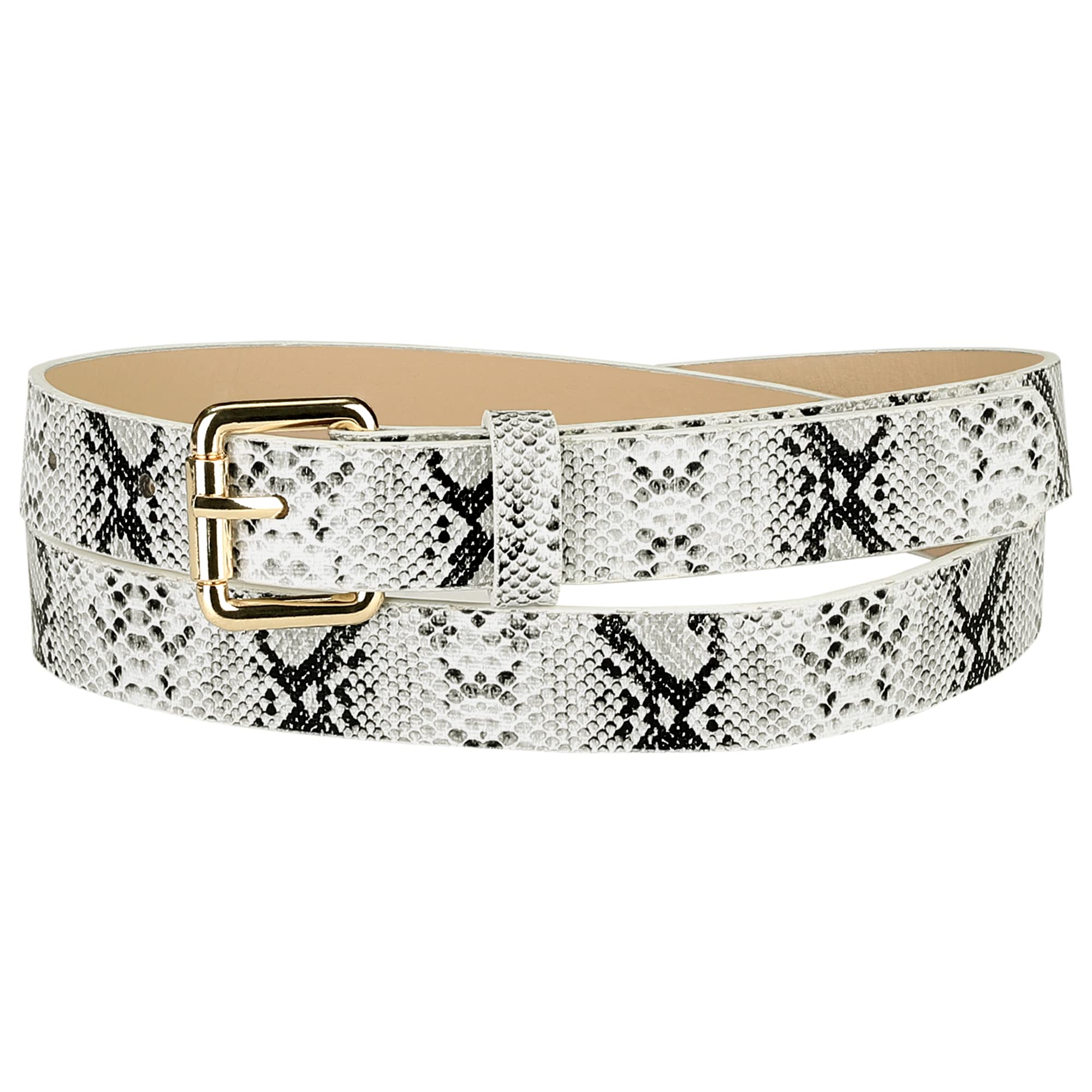Elerevyo Women Slim Thin Waist Belt, Snakeskin Embossed Faux Leather Skinny Belts Waistband for Jeans Pants White 74-89cm/29.13-35.04"