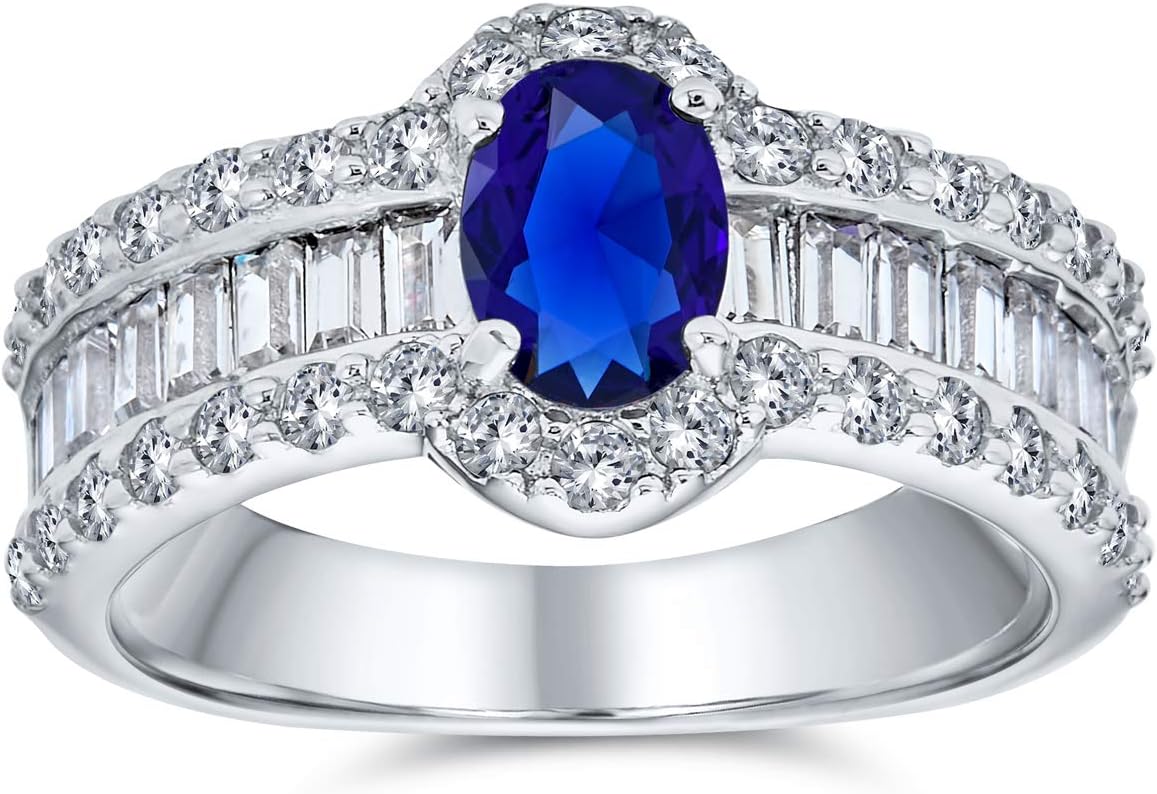 Bling Jewelry Personalize Vintage Estate Art Deco Style Halo Blue Simulated Sapphire Marquise Oval Solitaire Engagement Ring For Women .925 Sterling Silver Customizable