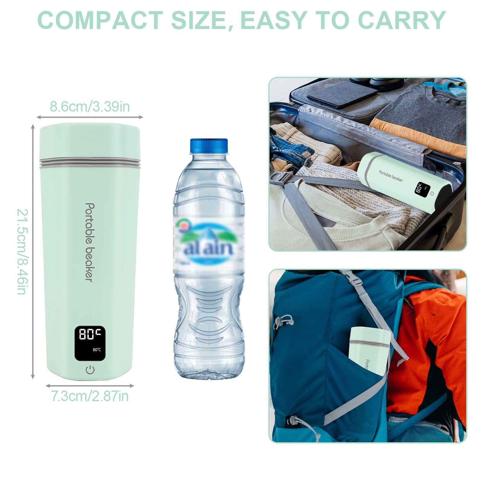 Pequeño Hervidor de Agua Portátil, 450ML Hervidor Agua Electrico Pequeño 6-Temperaturas, Calentador de Agua Portatil,Hervidor de Viaje 5 Minutos de Ebullición Rápida Hervidor