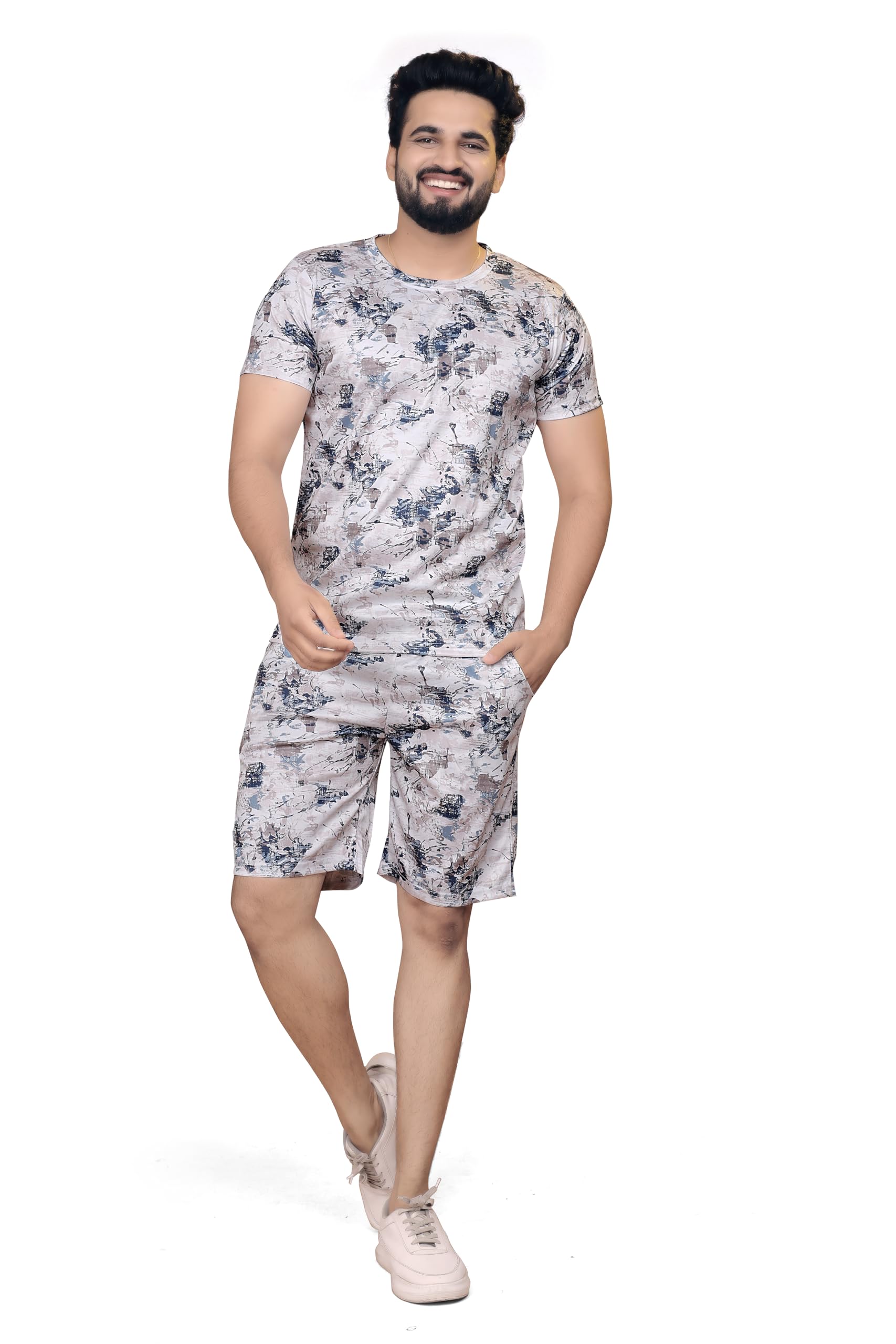 qosha Casual Summer Poly Lycra Digital Printed Casual Sleep & Launge Wear Nightdress, Regular Fit Round Neck Short Sleeve T-Shirt and Classic Shorts Stylish Beach Wear Night Suit for Men-picture-40