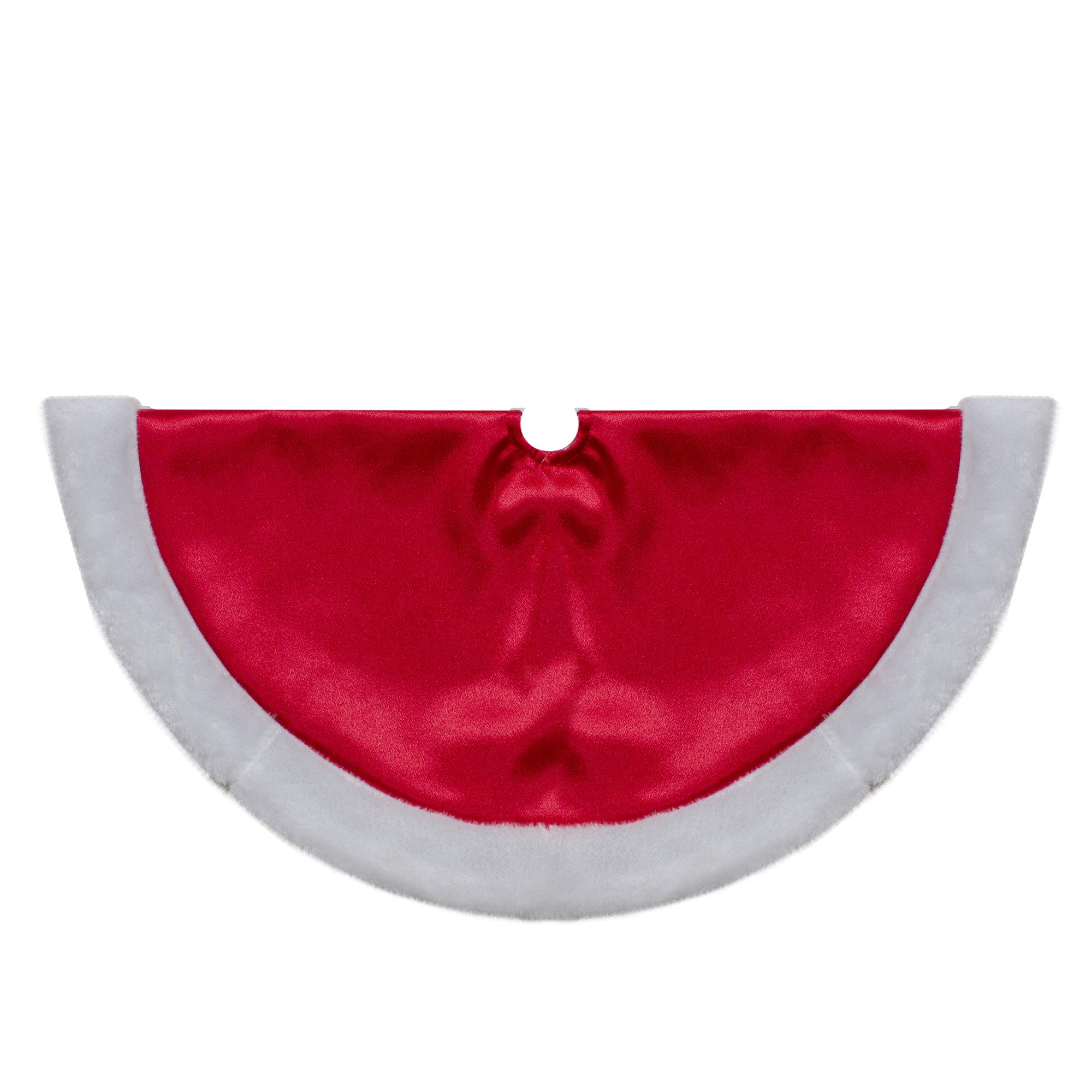 20-Inch Red Satin Mini Christmas Tree Skirt with a White Faux Fur Trim