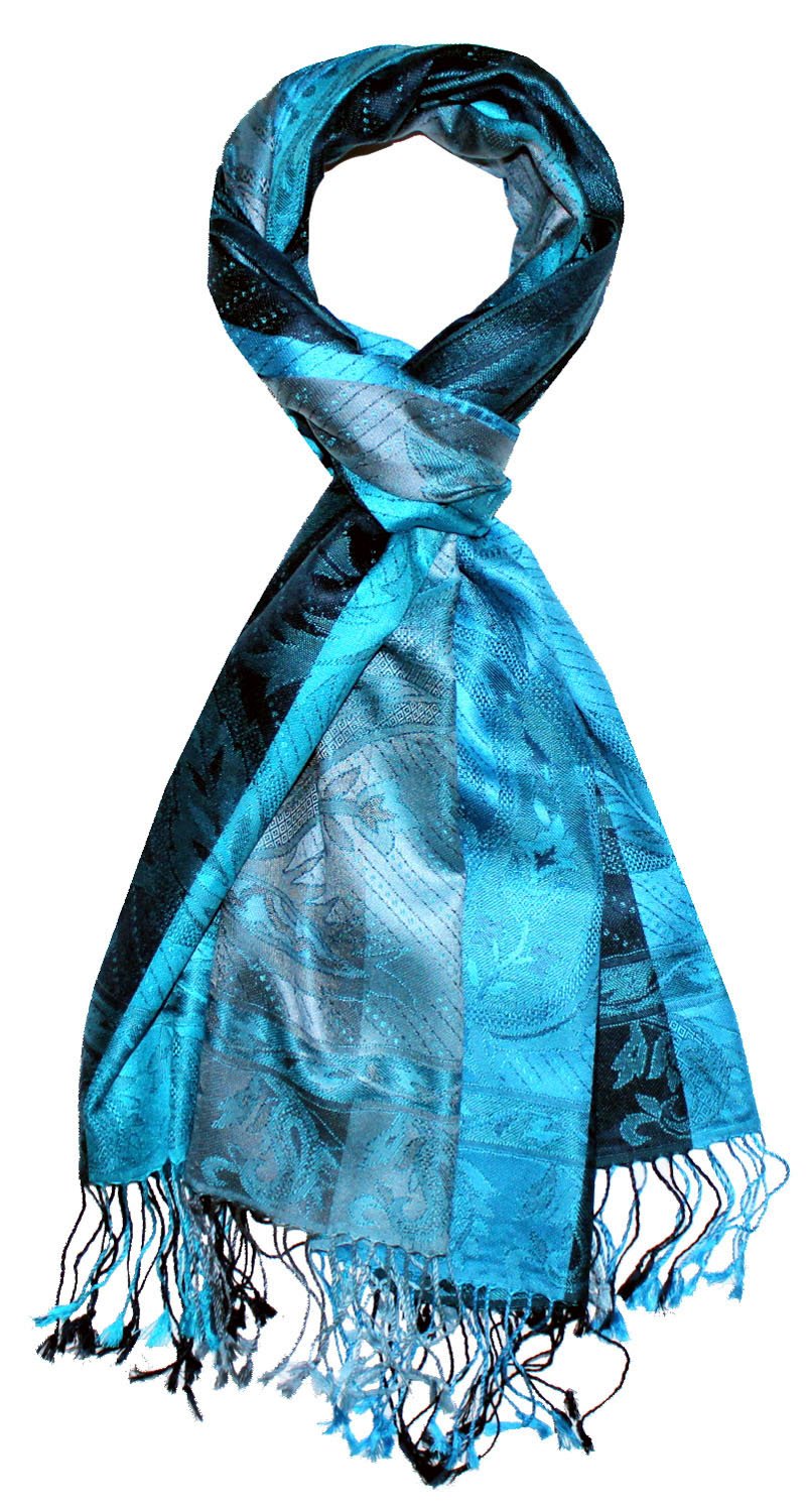 Lorenzo Cana Luxus Pashmina Damenschal Schaltuch jacquardgewebt 100% Seide 70 cm x 190 cm Paisleymuster tuerkis blau Seidenschal Seidentuch Seidenpashmina harmonische Farben 78174
