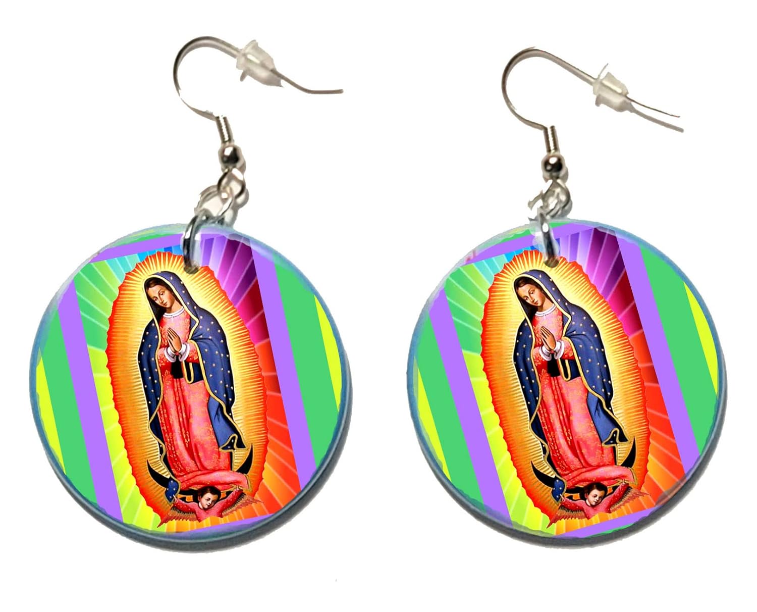 VIRGIN MARY VIRGEN DE GUADALUPE OUR LADY 1.5 INCH EARRINGS SET BUTTON CHARM