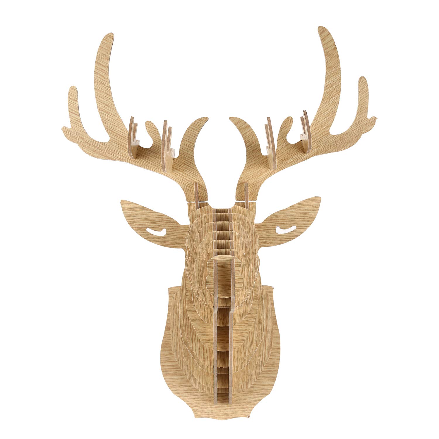 Lobamop Tête de cerf en bois sculptée 3D - Décorative et collier - Beige