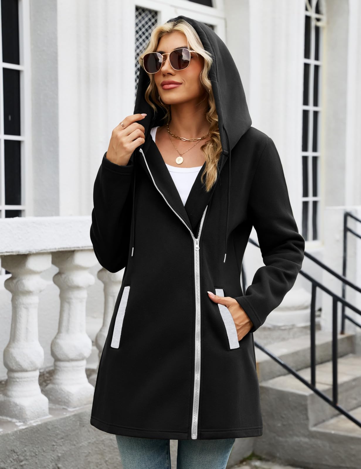 Sweat à Capuche Femme Zippé Veste Polaire Mi Saison Sweatshirt Manches Longue Hoodie Chic Manteau Printemps Automne Casual Sweats avec Poches