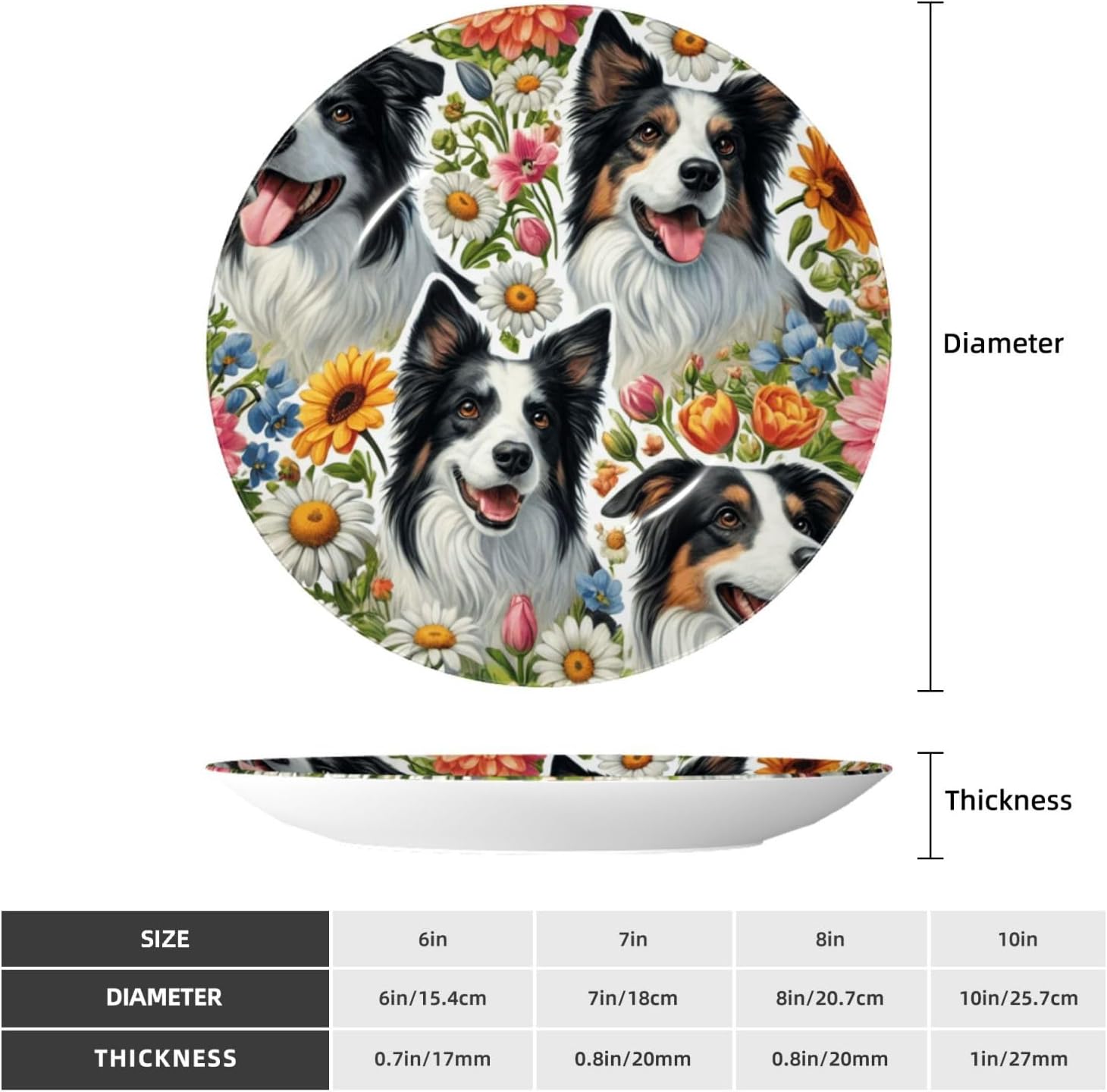 Cute-Collie-Dogs-Floral 10 Inch Decorative Plate With Stand, Elegant Display Wall Plate For Home Decor