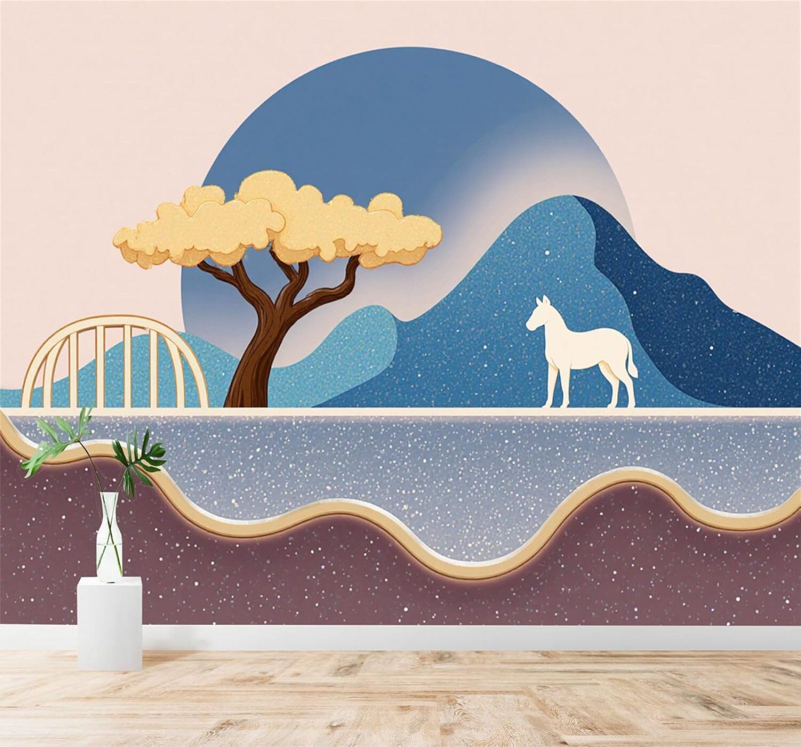 3D Papel Pintado Abstracto Paisaje Caballo Blanco Árboles Picos Azules