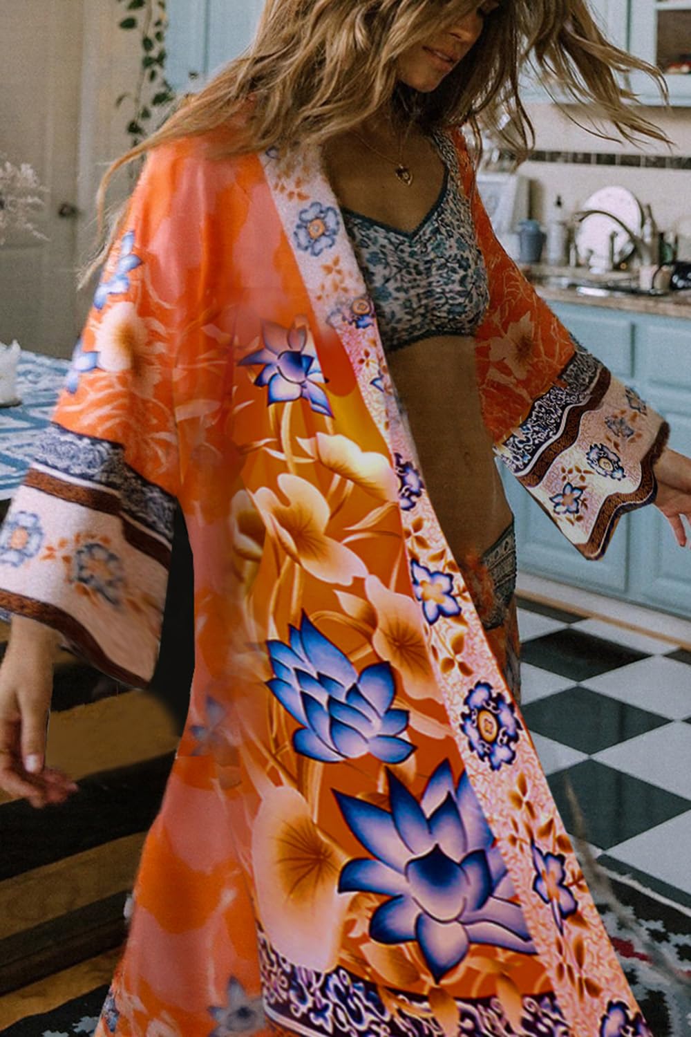 Cardigan in Cotone da Donna Kimono Lungo Boemo Costume da Bagno da Spiaggia Coprire Il Vestito Abito Taglie Forti