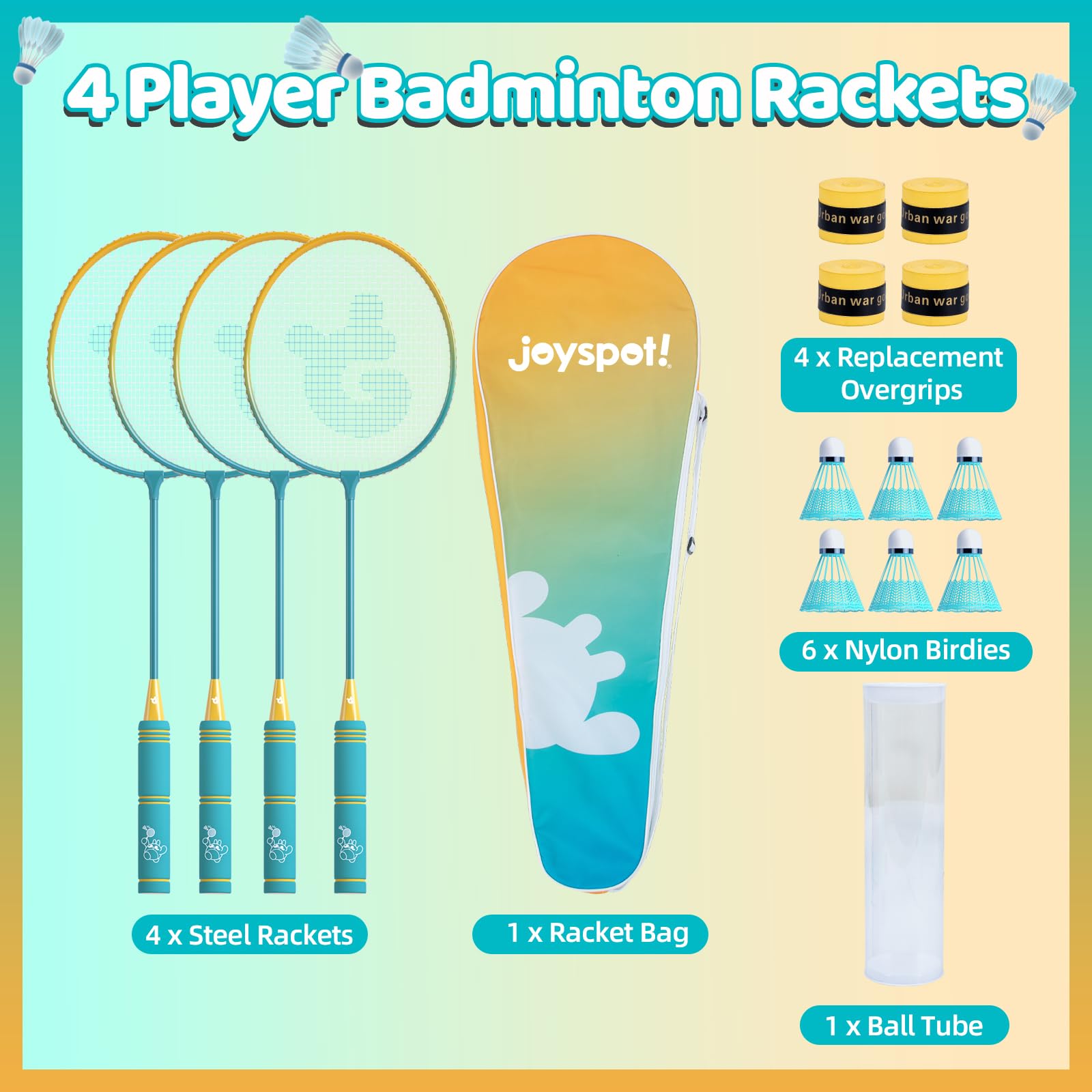 JOY SPOT! Federball Schläger Set of 4, Leichter Badminton Schläger Set mit Tragetasche für Indoor Outdoor, 6 Federbälle & 4 Ersatz-Griffbänder, Sportspiel für Erwachsene & Anfänger