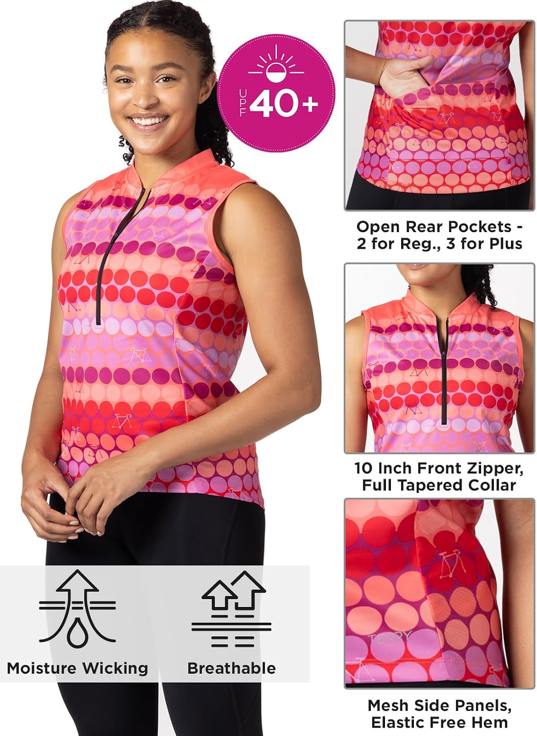 Terry Breakaway Mesh Sleeveless Cycling Jersey Women UPF 40+ 10 Inch Front Zip Relaxed Fit Tank Reg. & Plus Sizes