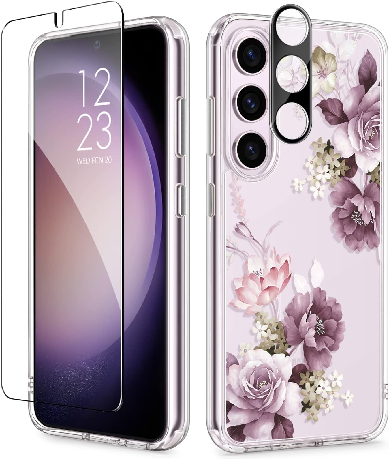 GVIEWIN Compatible with Samsung Galaxy S23 Plus Case with Screen Protector+Camera Lens Protector, Slim Shockproof Clear Floral Pattern Phone Protective Cover for Women 6.6" (Cherry Blossoms/Purple)