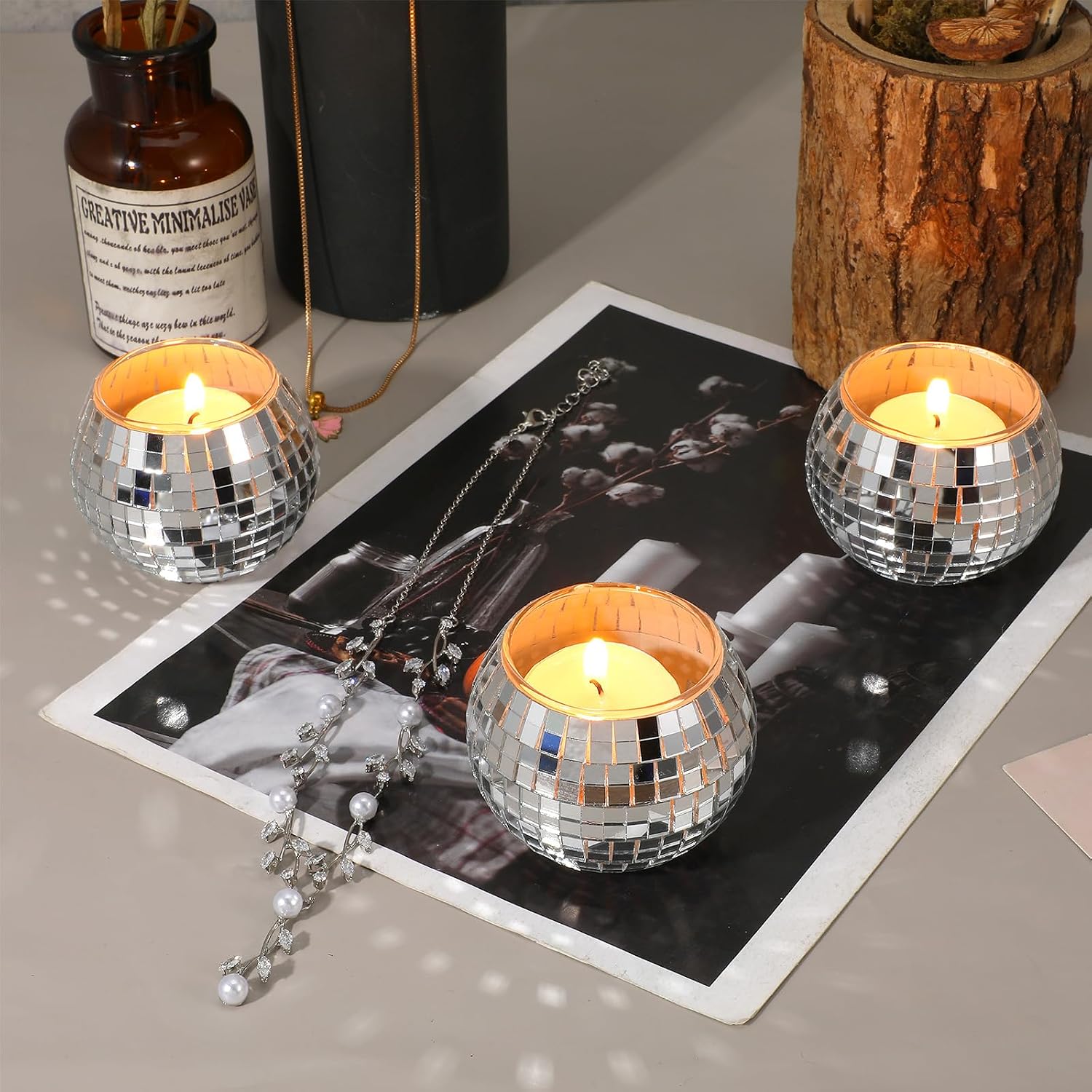 6 Pcs Disco Ball Candle Holder Glass Mirror Candle Holder Disco Ball Decor for Wedding, Party, and Christmas