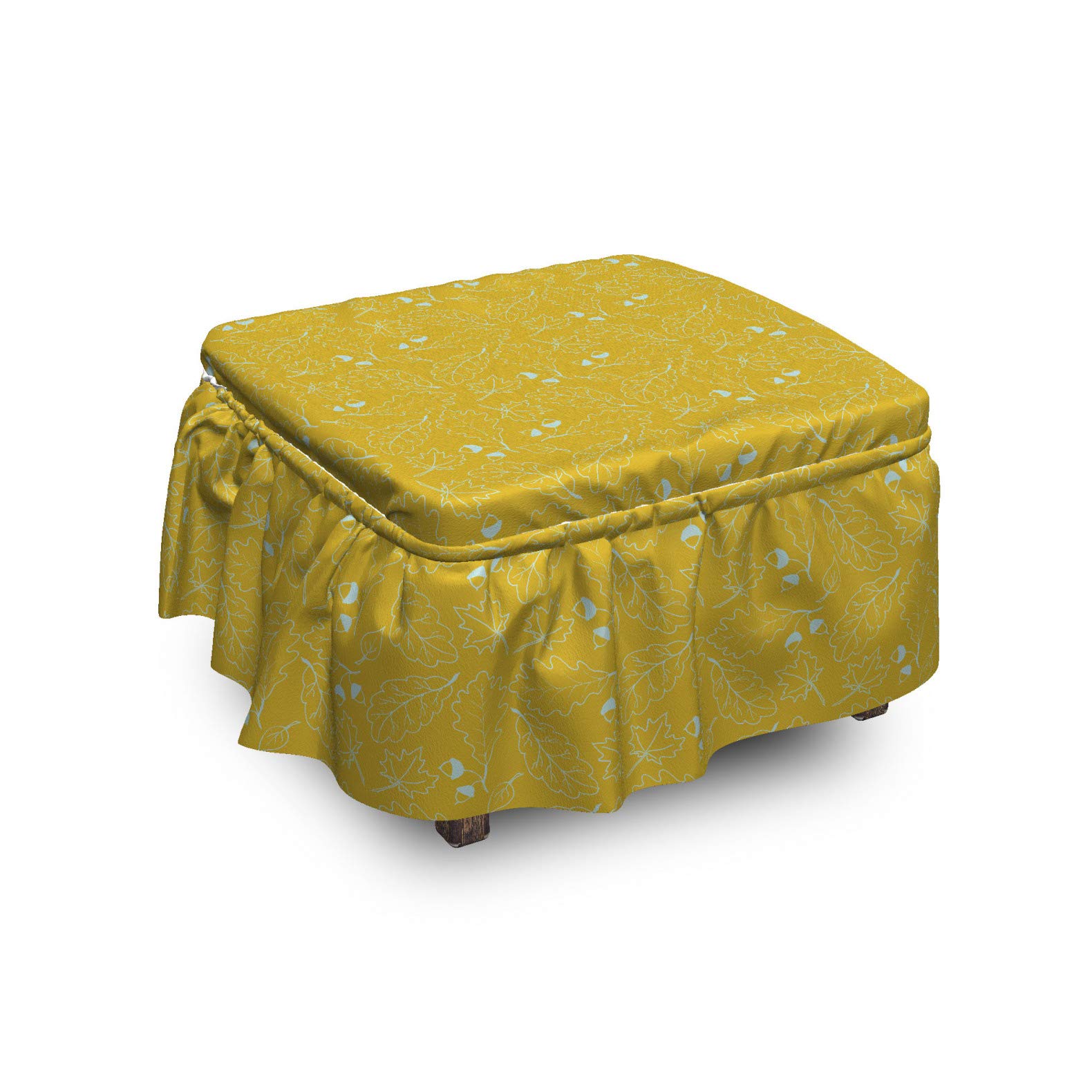 Ambesonne Leaves Ottoman Cover, Oak Leaf Ahorn Trees Sketch, 2 Piece Slipcover Set with Ruffle Skirt for Square Round Cube Footstool Decorative Home Accent, Standard Size, Earth Yellow Multicolor