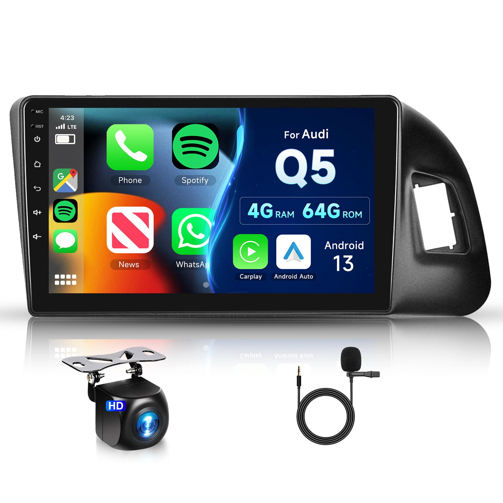 8 Core 4GB+64GB Autoradio per Audi Q5 2010-2018 Android 9 Pollici Touch Screen Carplay Android Auto Wireless, Hodozzy 2 Din Radio Bluetooth DSP GPS WiFi RDS Telecamera Schermo Auto Stereo per Audi Q5