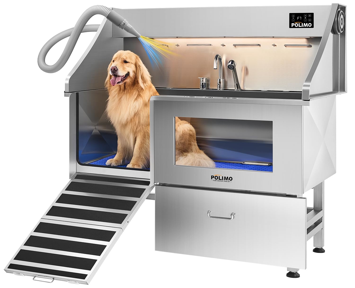Photo 1 of POLIMO Dog Washing Station with Built-in Pet Dryer and LED Display 61" (Left Ramp), 304 Stainless Steel Dog Bathtub for Large Medium Small Dogs, Wash and Dry Grooming Tub with Faucet, Storage Drawer