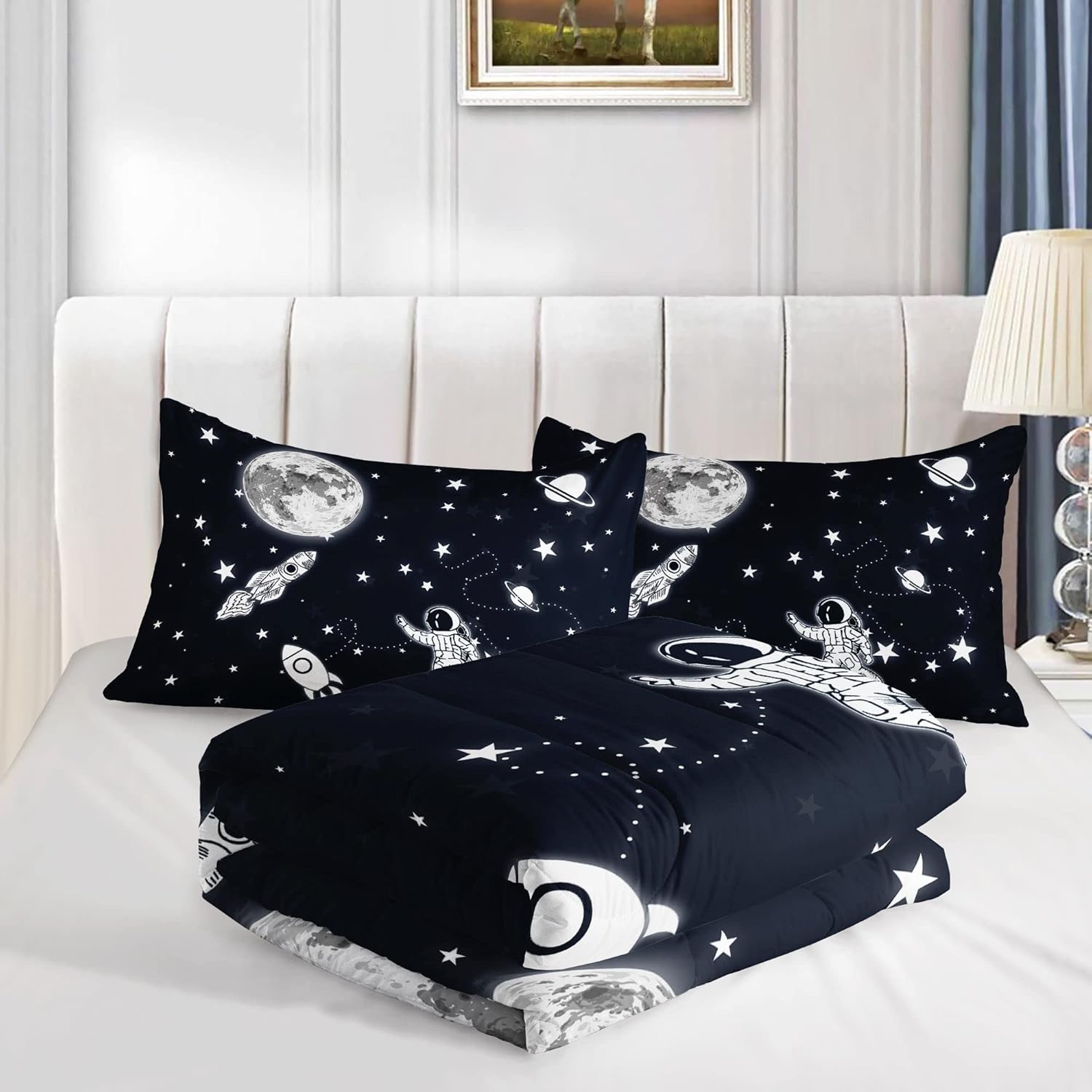 Kids Comforter Set Astronaut Space Rocket Printed Pattern Quilt Bedding Set with 1 Comforter and 2 Pillowcases for Girls Bedroom All Season(Space Rocket Full), Full 80x90inches