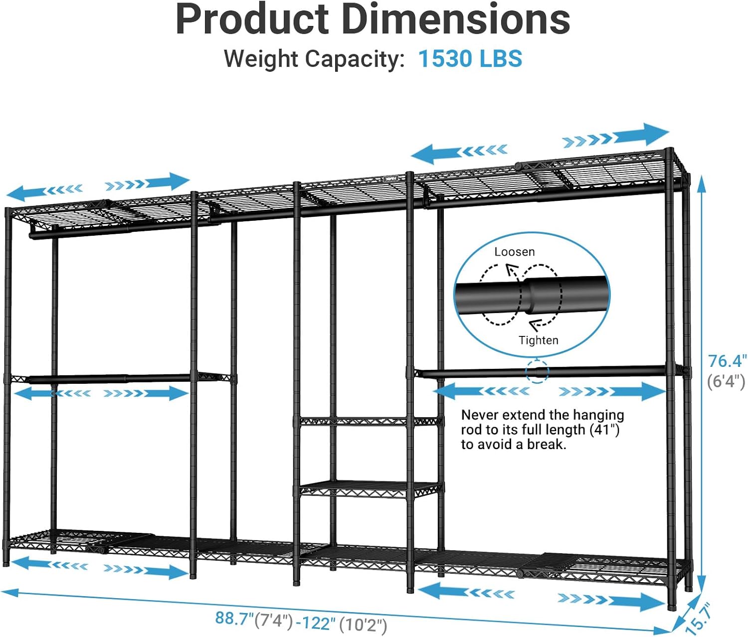 VIPEK X4 Expandable Heavy Duty Clothes Rack, Adjustable from 7'4" to 10'2" with Adjustable Shelves and Hanger Rods, Large Wardrobe Closet Reach-in & Walk-in Closet Metal Clothing Rack, 1530 LBS, Black