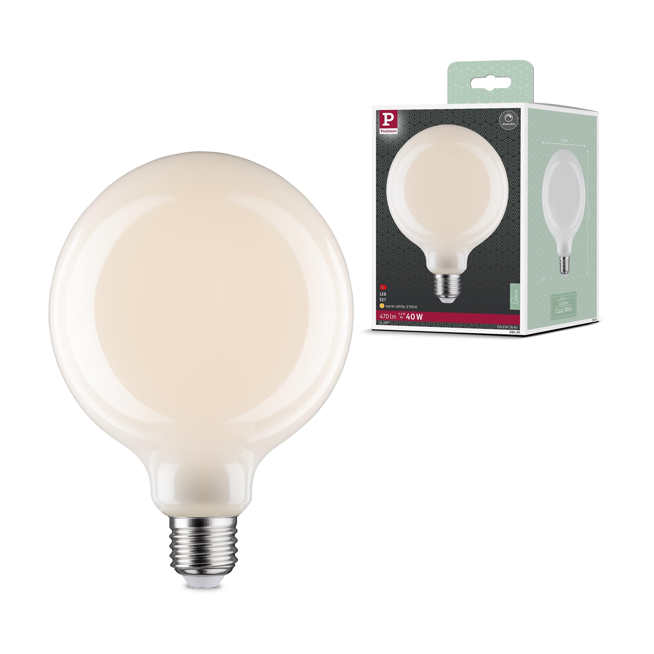 28626 Paulmann Led Globe Bulb E27 6W G125 Fil 2,700K Opal Dimmable