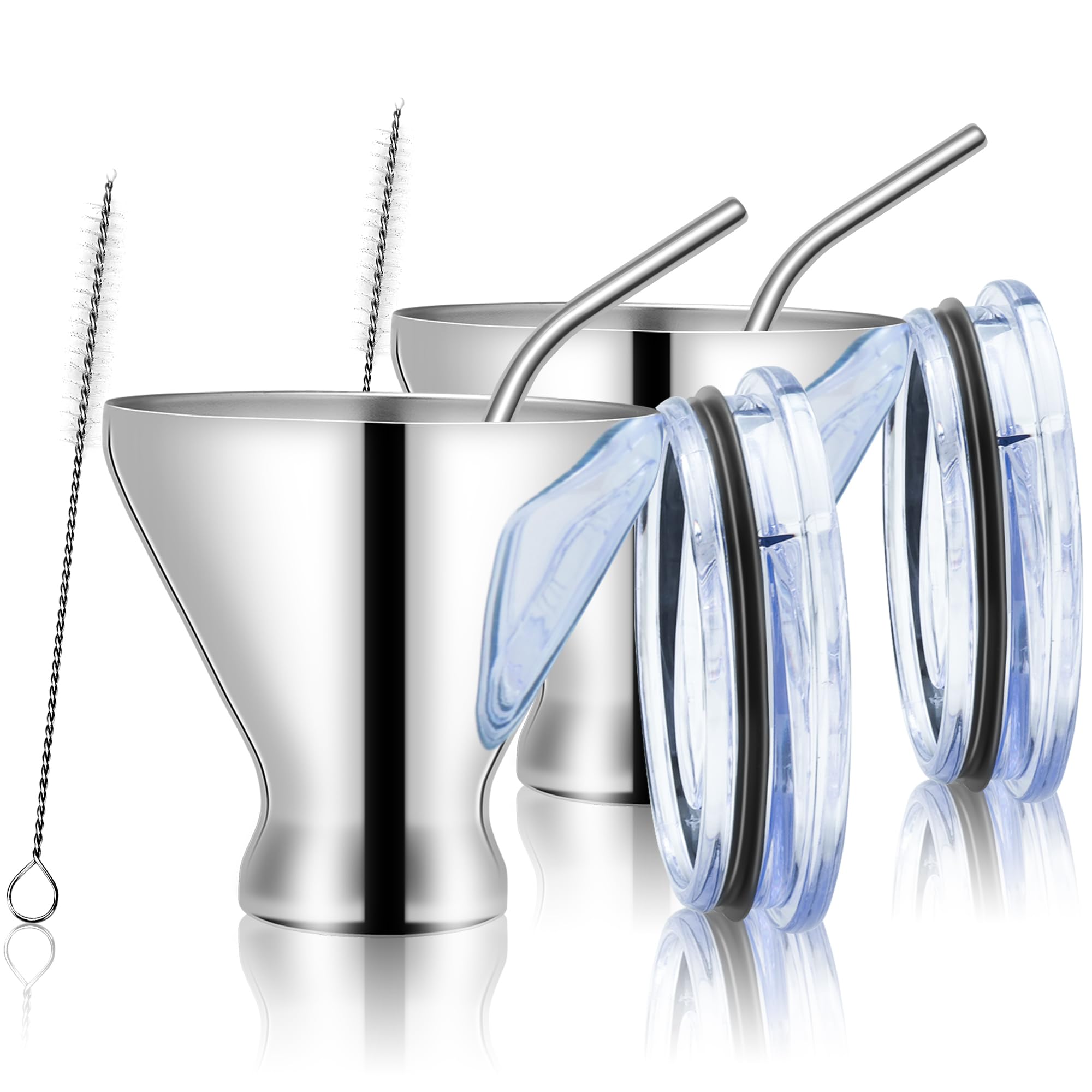 Stainless Steel Wine Tumbler with Lid, Stay Icy Cold Martini Glass with Straw, Double Wall Vacuum Insulated Stemless Cocktail Glasses, Set of 2, 10 Oz, Silver