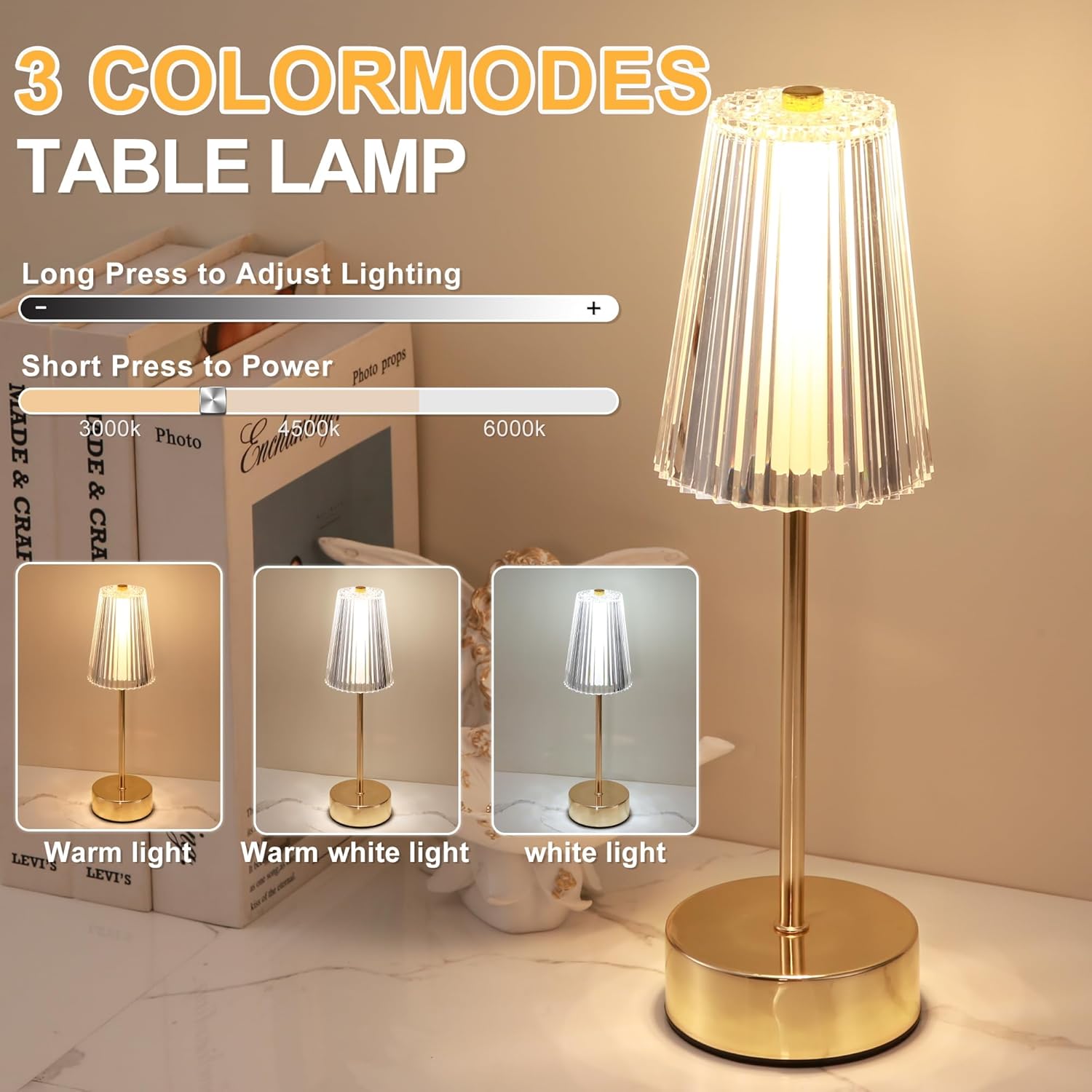 Idong Cordless Rechargeable Table Lamp, Portable Touch LED Desk Lamps, 5200mAh Battery Operated 3 Color Stepless Dimming, Small Wireless Metal Crystal Lamp for Bedside Bedroom Outdoor Restaurant Patio