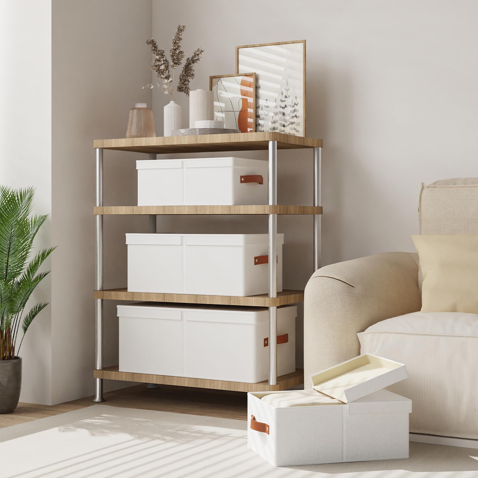 3 Pezzi Scatola con Coperchio Rimovibile, 47×28×20cm Organizer Armadio Cassetti, Salvaspazio, Contenitori con Maniglia, Scatole per Vestiti da Letto a Casa, Bianco