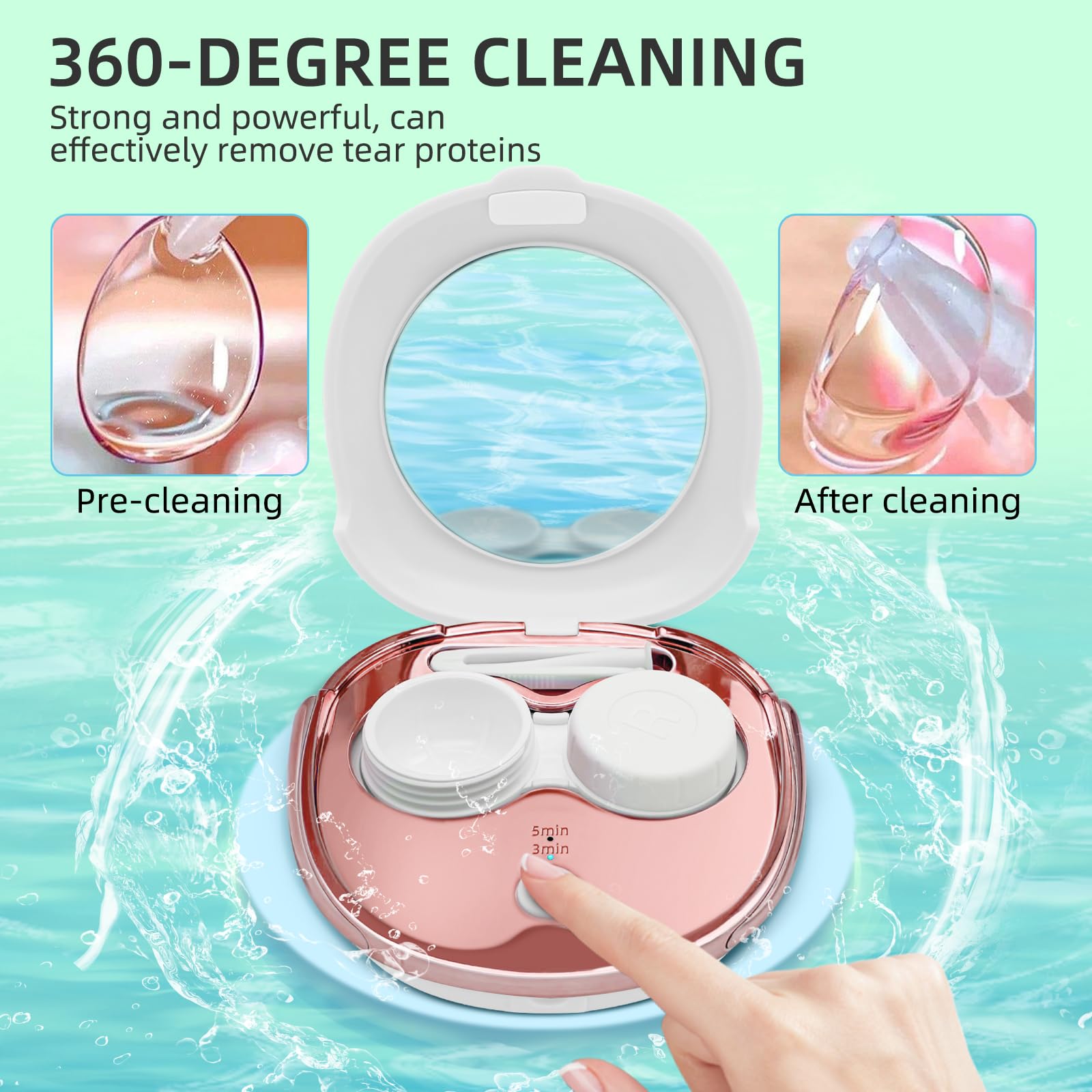 White Contact Lens Cleaner, Portable Ultrasonic Contact Lens Cleaning Machine with USB Charger and Solution Soak Case Kit for Soft Lens, Colored Contact Lens, Hard Lens, RGP Lens and OK Lens