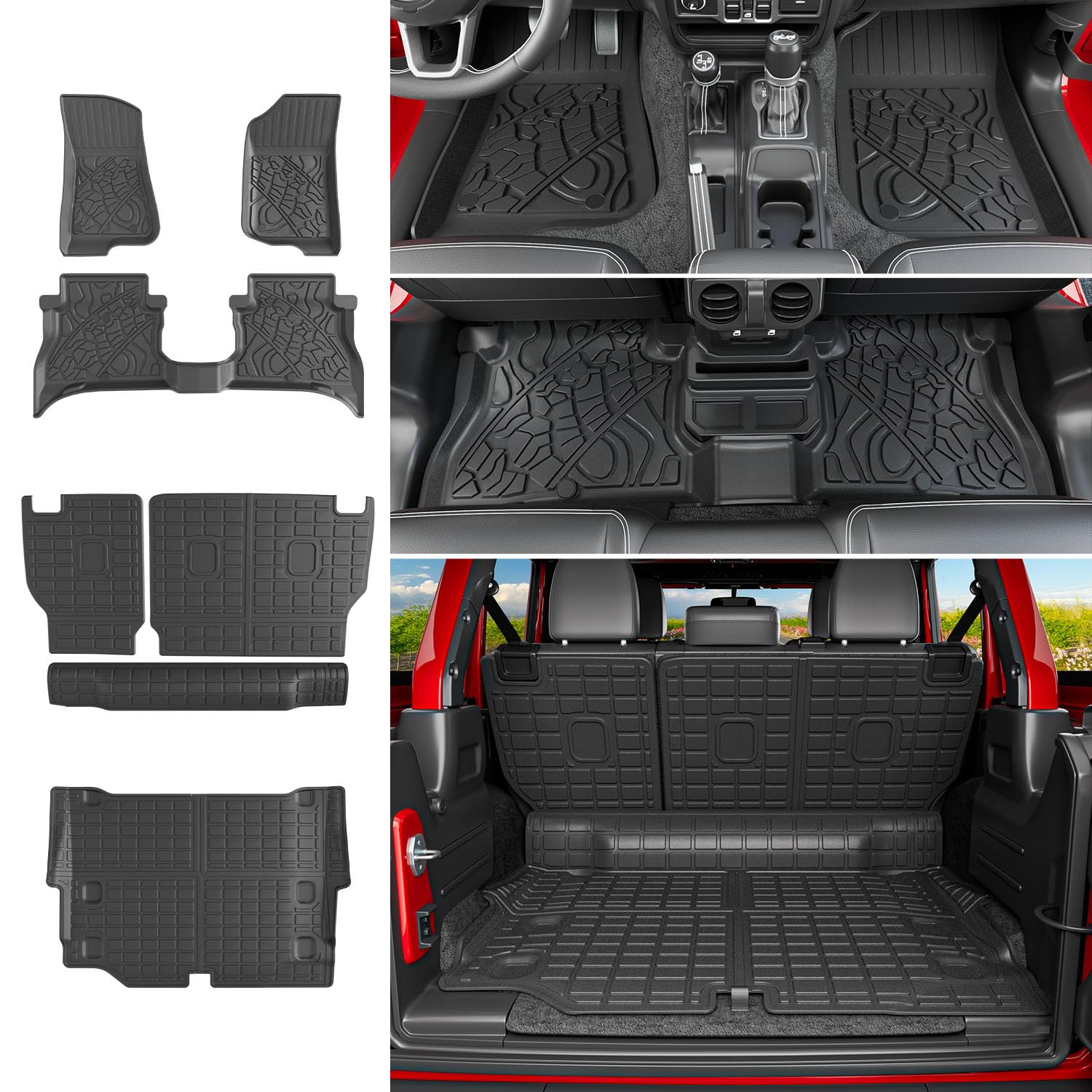 powoq Floor Mat Compatible with 2021-2025 Jeep Wrangler JL 4XE 4 Door Trunk Mat Backrest Mat TPE Replacement for 21-25 Jeep Wrangler JL Accessories (Fit 21-25 JL 4XE, Trunk Mat+Backrest Mat+Floor Mat)