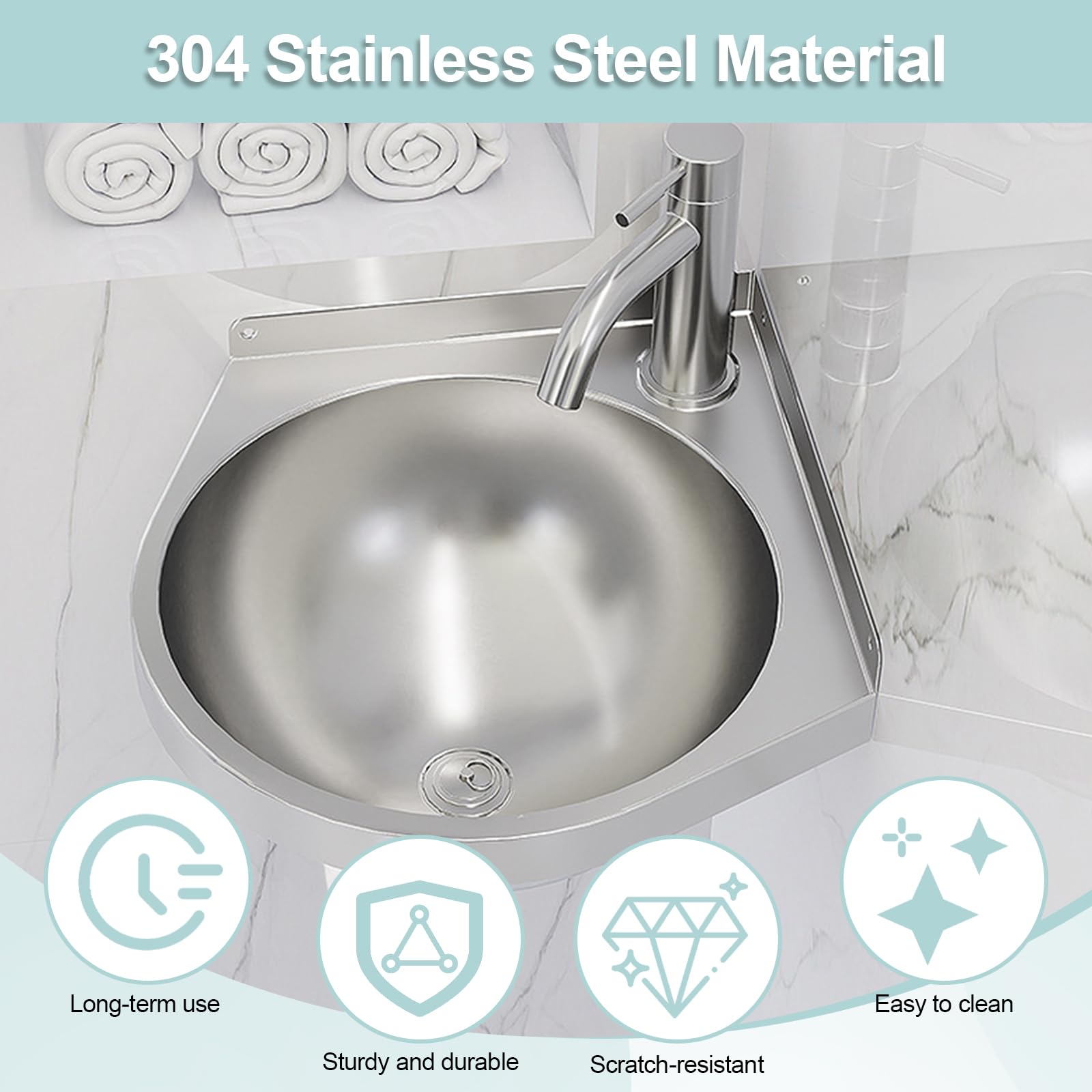 Lavabo angolare in acciaio inox con rubinetti per acqua calda e fredda, 21 x 21 x 15 cm, montaggio a parete, triangolare, salvaspazio, lavello singolo per cucina, camper, bagno, toilette
