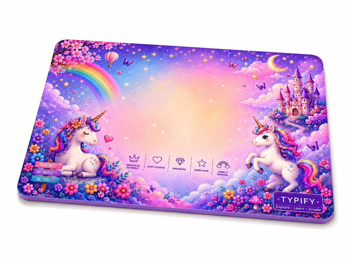 typify unicorn cushioned study board for kids | portable lap desk with soft eva foam cushion | writing & homework board for girls | bed, sofa & floor use | 18x12 inch | premium laminated surface