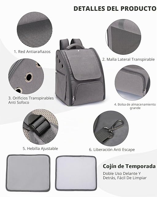 Foto 6 de 6 de PETCUTE Transportin Gato Mochila Perro Pequeños Bolsa para Transportar Gatos Transpirable Viaje Mochila…