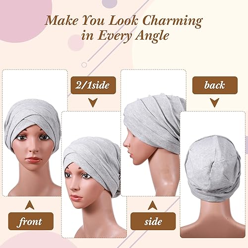 Miniatura 5 de SATINIOR 4 turbantes para mujer, gorro suave para dormir, turbante de cáncer, turbante de moda, gorros de hiyab para mujer, Caqui, gris, negro, azul