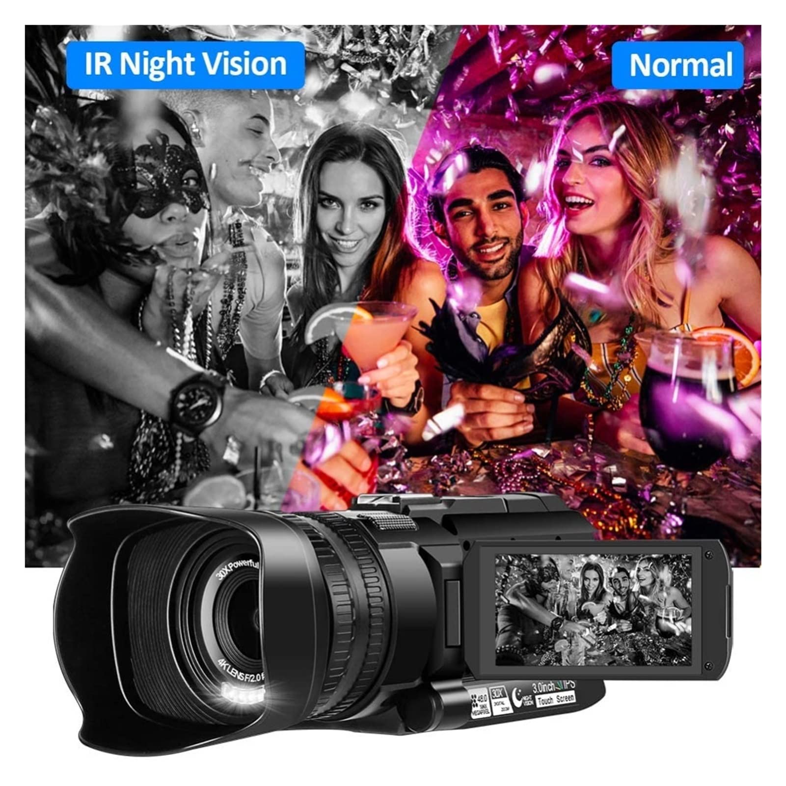 Digital Camera, 4K Ultra HD 48MP Caméscope vidéo Caméra for VLOG enregistrant Le Streaming en Direct 30x Zoom numérique Ivre Vision Nocturne WiFi App Contrôle de 3,0 Pouces(64GB SD Card)