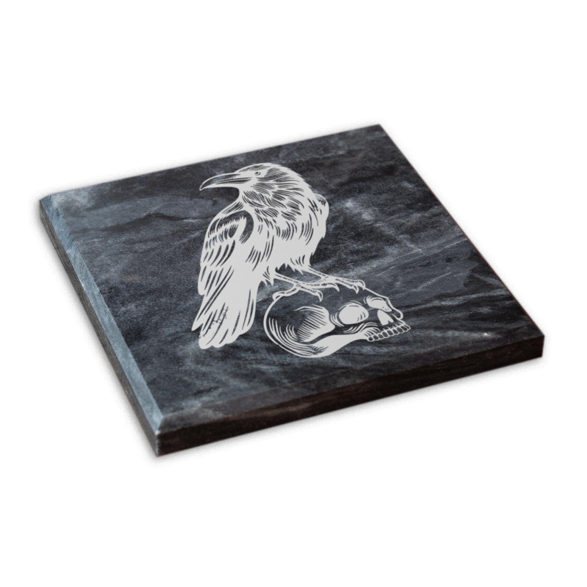A1 Graphics Ltd Black Crow Skull Marble Coaster Spooky Decor For Halloween Horror Aesthetic Gift Idea (Black)