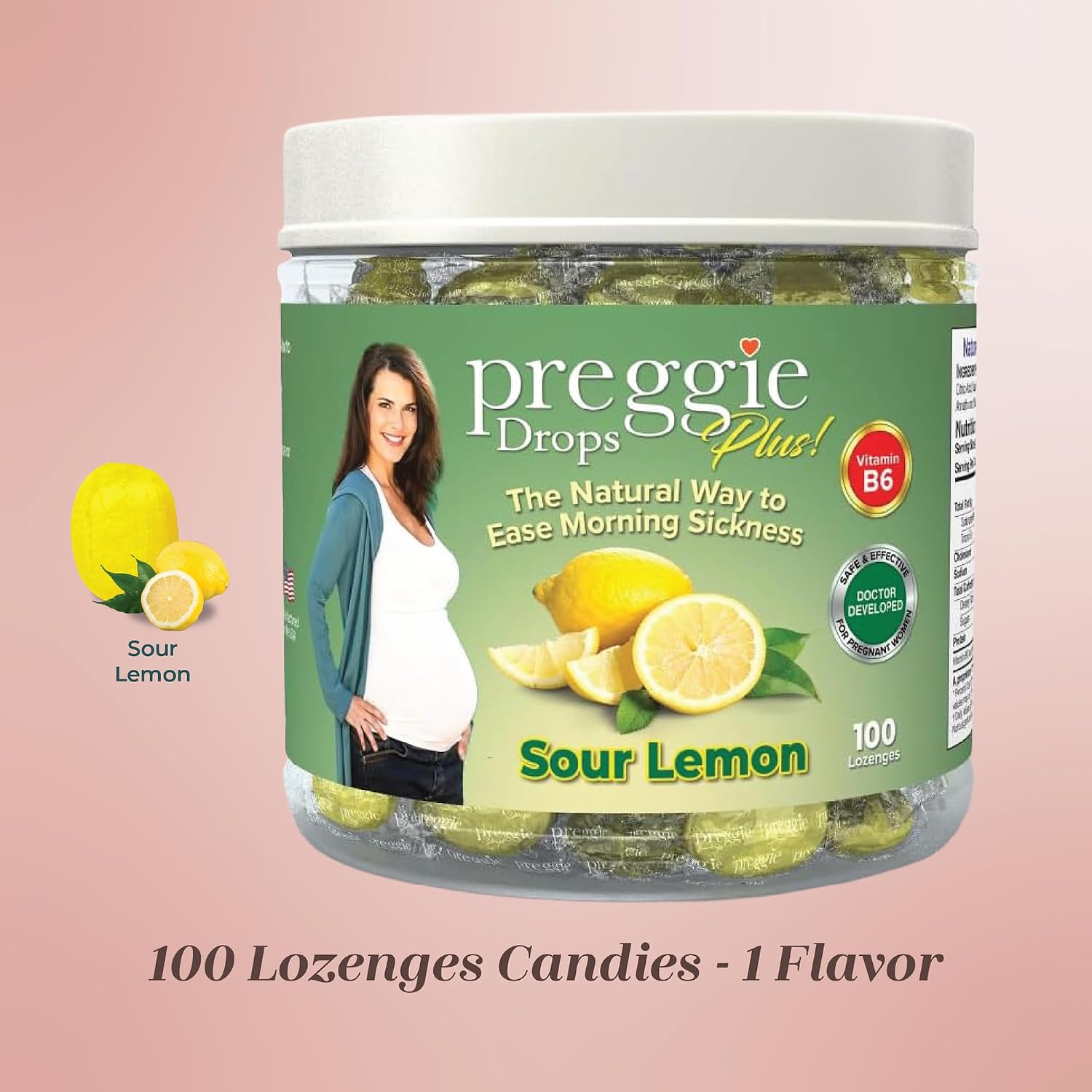 Preggie Pop Drops Plus with Vitamin B6 for Pregnancy Nausea Relief, Morning Sickness Candy with Essential Oils for Pregnant Women – Sour Lemon, 100 Count