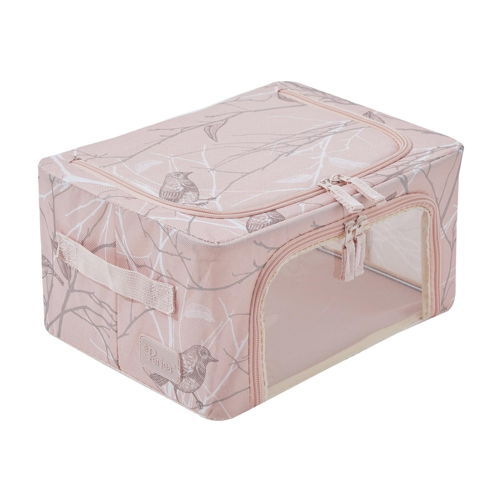 Periea ‘Beau’ Folding Collapsible Stackable Fabric Home Storage Boxes with Steel Frames (Blush Birds, Compact)