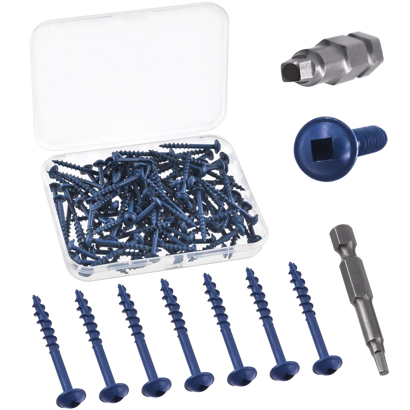 Swpeet 100Pcs # 8 × 1-1/2" Pocket Hole Screws with 1Pc Drive Bit Assortment Kit, Coarse Thread Wood Screws, Self Tapping, Square Drive, Blue Coated Pocket Hole Screws