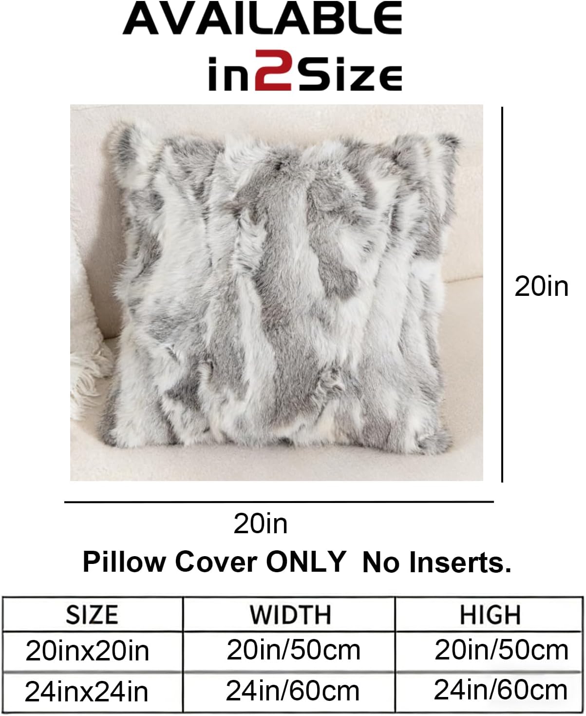 Rabbit Fur Throw Pillow Covers Neutral Decorative Pillowcase Soft Fluffy Plush Animal Skin 20"x20" Cushion Covers for Couch Sofa Bedroom Pillow Shell (Grey - Image 2