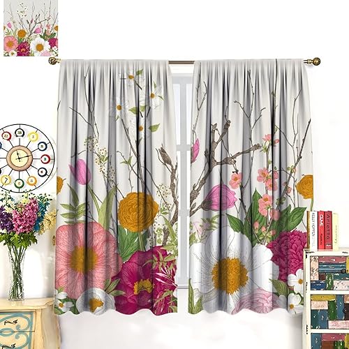 Miniatura 28 de Retro 70s Floral Blackout Window Curtains, Watercolor Flower Plant Rustic Modern Style Pattern Window Drapes, for Bedroom Living Room 42x45in 2