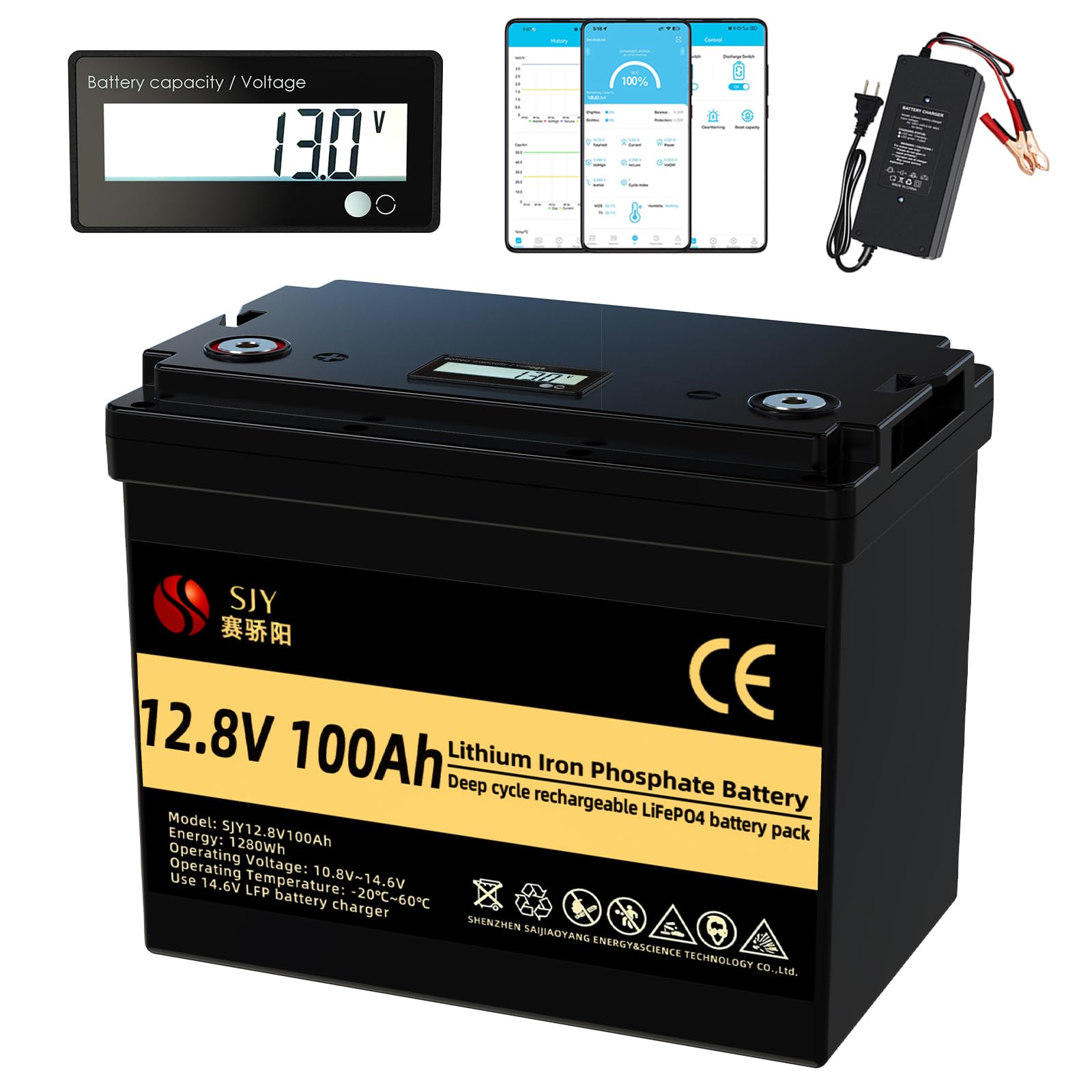 12V 100AH LiFePO4 Lithium Battery & Charger, Built-in Active EQ, BMS, with Monitor Display 5000+ Life Cycles & 10+ Years Life for RV, Power