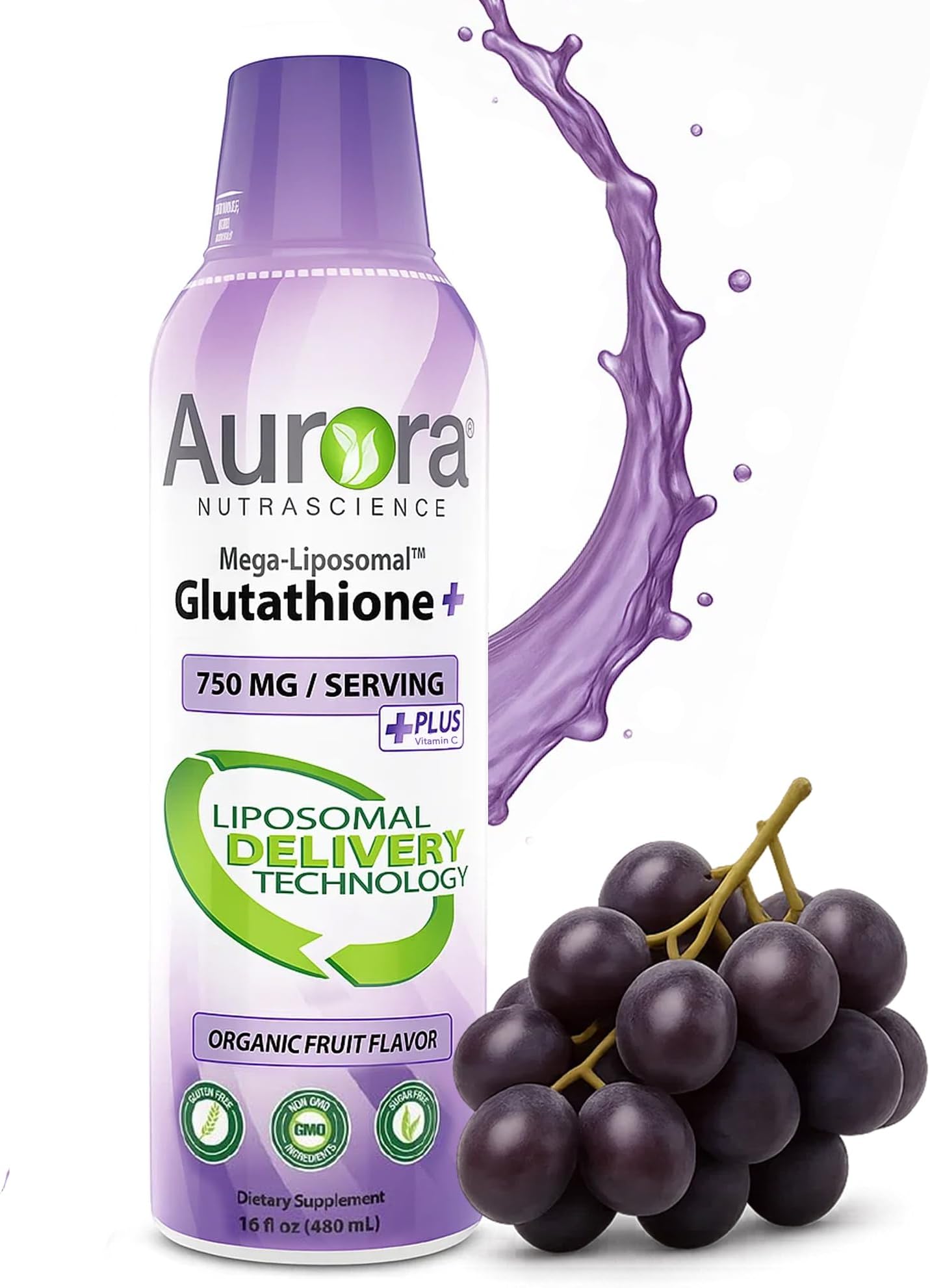 Aurora Nutrascience, Mega-Liposomal Glutathione+ Vitamin C, Immune System Support, Antioxidant, 750 mg per Serving, Gluten Free, Non-GMO, Sugar-Free, Organic Fruit Flavor, 16 fl oz (480 mL)