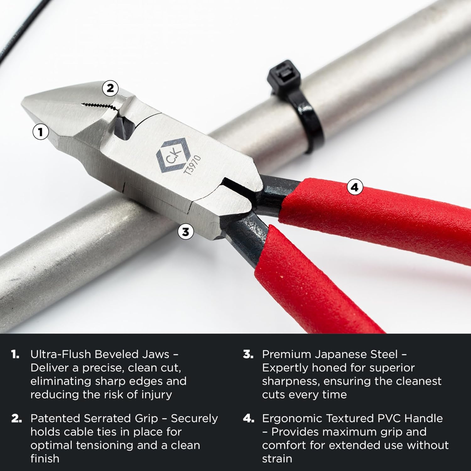 C.K Tools Cable Tie Installation Cutter, Tensioning & Flush Cut Pliers for Plastic Cable Ties, Patented Grip, Premium Japanese Steel, for Professional Electricians, Aerospace, Data Cabling, CK T3970