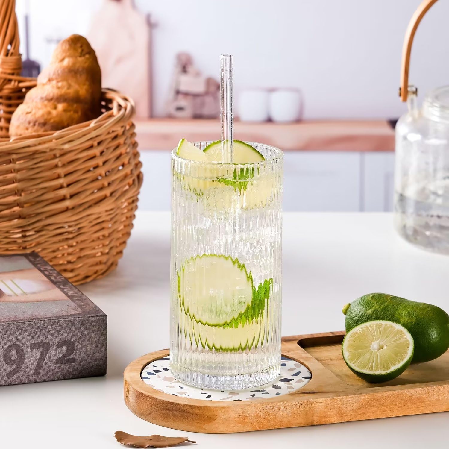 WHJY Ribbed Glassware Highball Glasses Unique Everyday Drinking Glasses Short Glasses Cups Set of 4 for Cocktail, Whiskey, Beer, Juice - 8.8oz 3.7" - Image 6