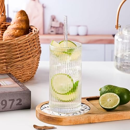 Miniatura 6 de WHJY Vasos altos de cristalería acanalados, vasos cortos únicos para uso diario, juego de 4 vasos para cóctel, whisky, cerveza, jugo, 8.8 onzas, 3.7